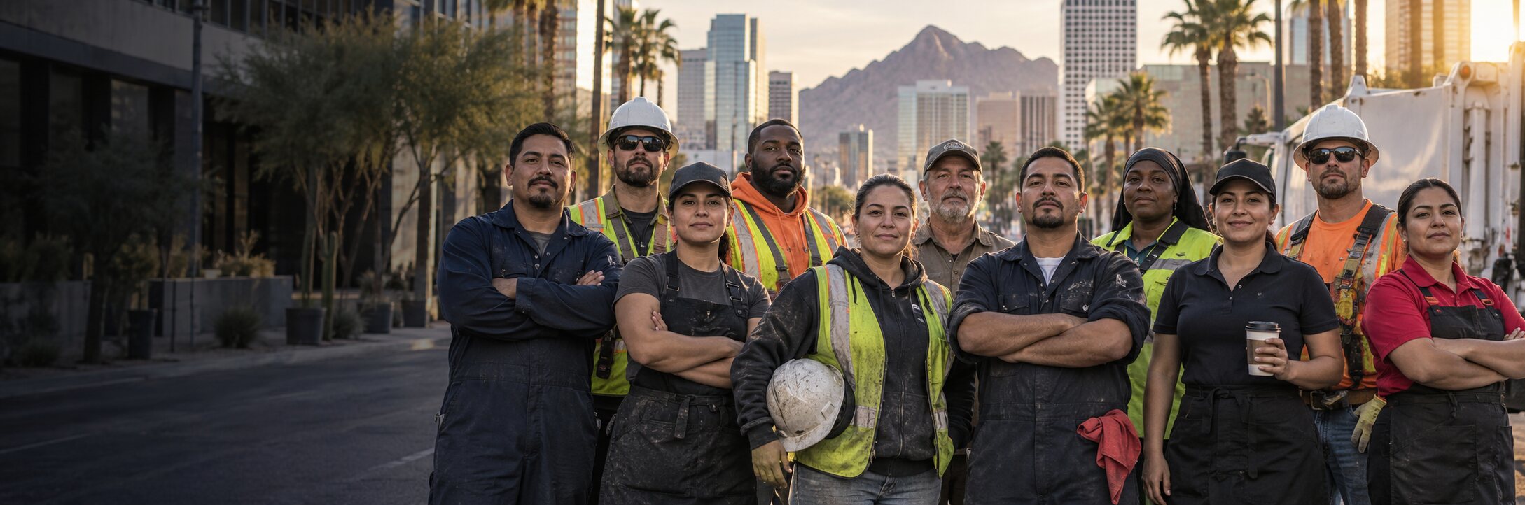 Labor workers gathered on a Phoenix city street