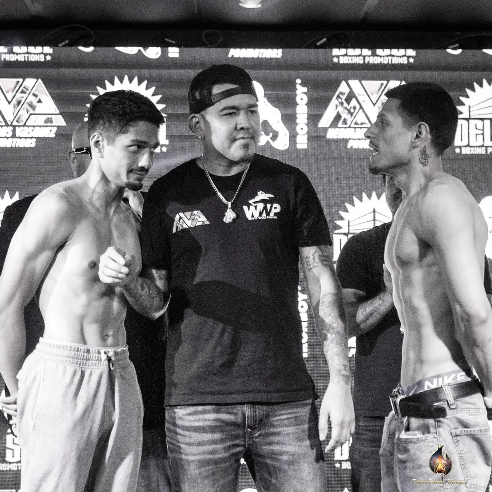 Miguel Ceballos and his opponent at the weigh-in