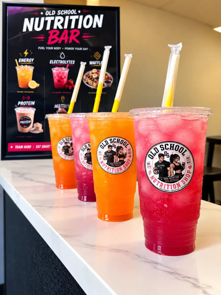 Colorful energy drinks served at Old School Nutrition Shop